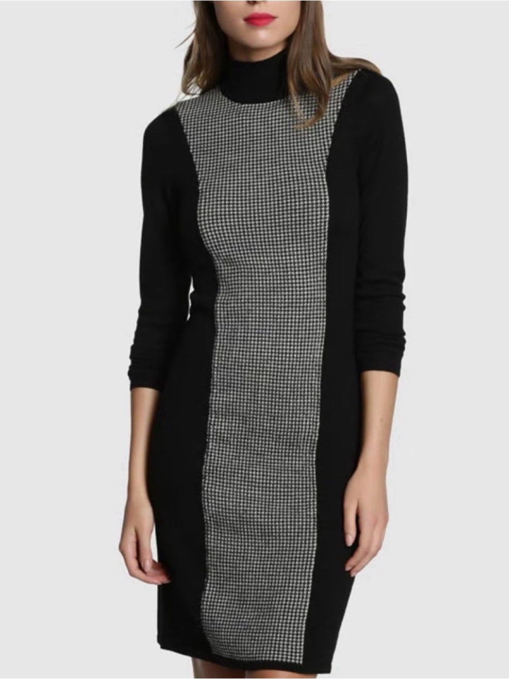 Lauren Ralph Lauren Black and White Houndstooth Panel Turtleneck Dress Sz XS